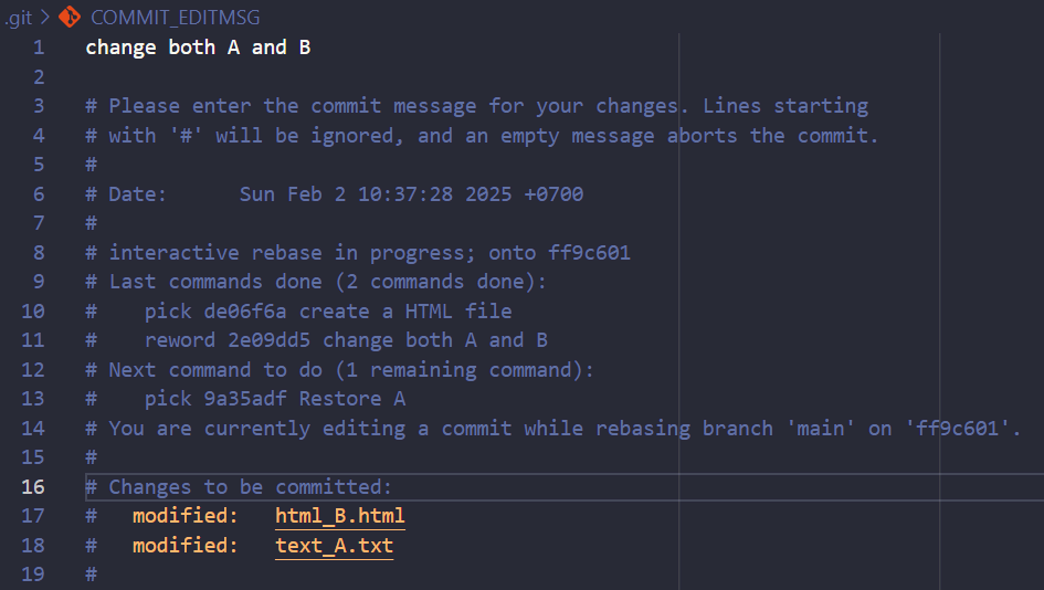 a new editor will appear to allow us to edit the commit message