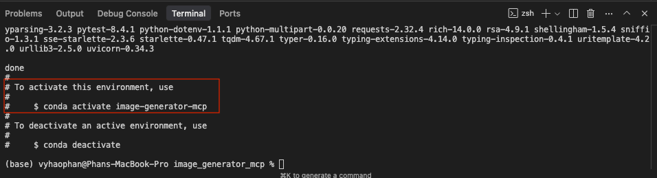 a new environment named image-generator-mcp has been installed
