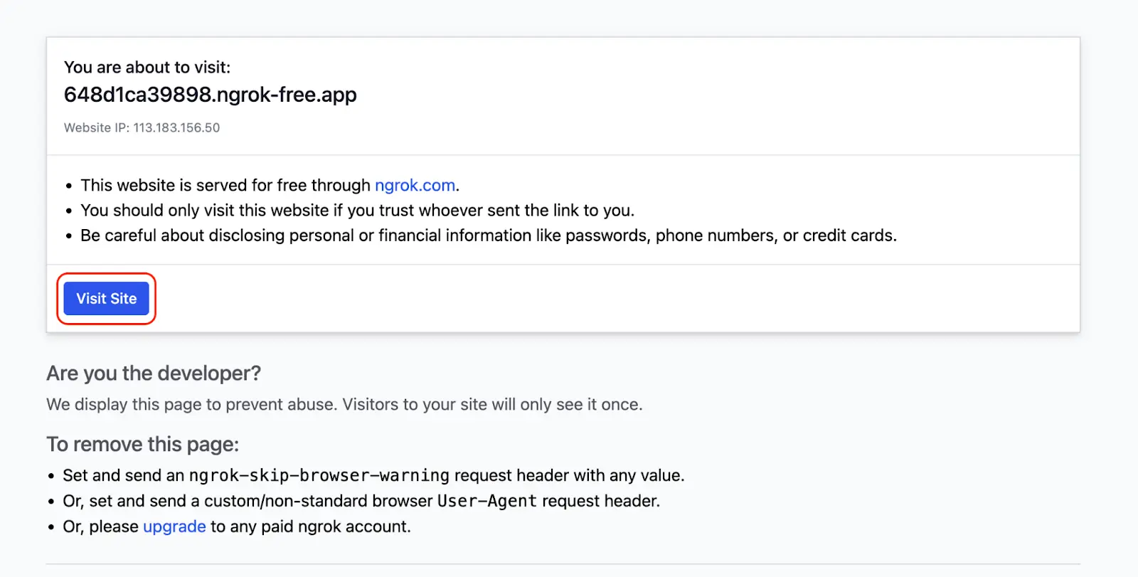 a page showing you are accessing a URL created by Ngrok service and ask for your confirmation