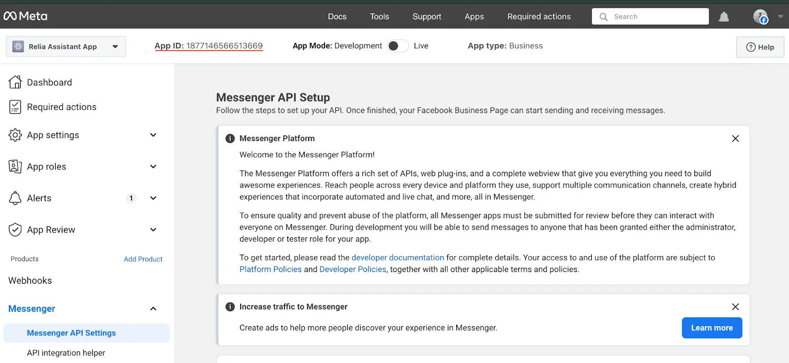 App ID in the dashboard of Messenger App