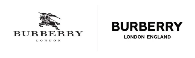 Side by side comparison of Burberrys old and new logo, which uses all caps sans serif font