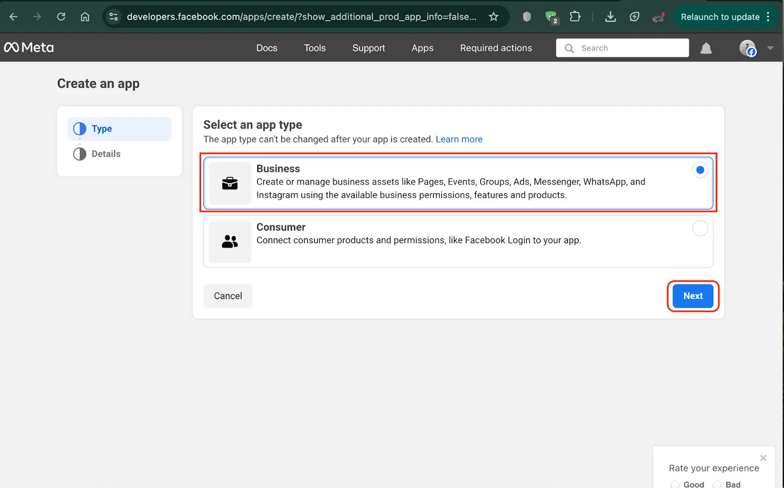 Choose the business app type