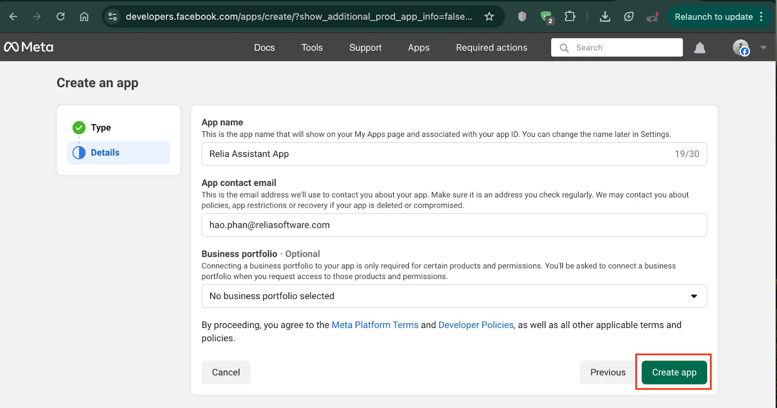 Click on “Create app” to finish.