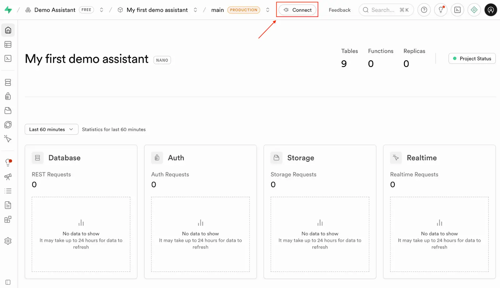 Go to your Supabase Project Overview page and click the button Connect.