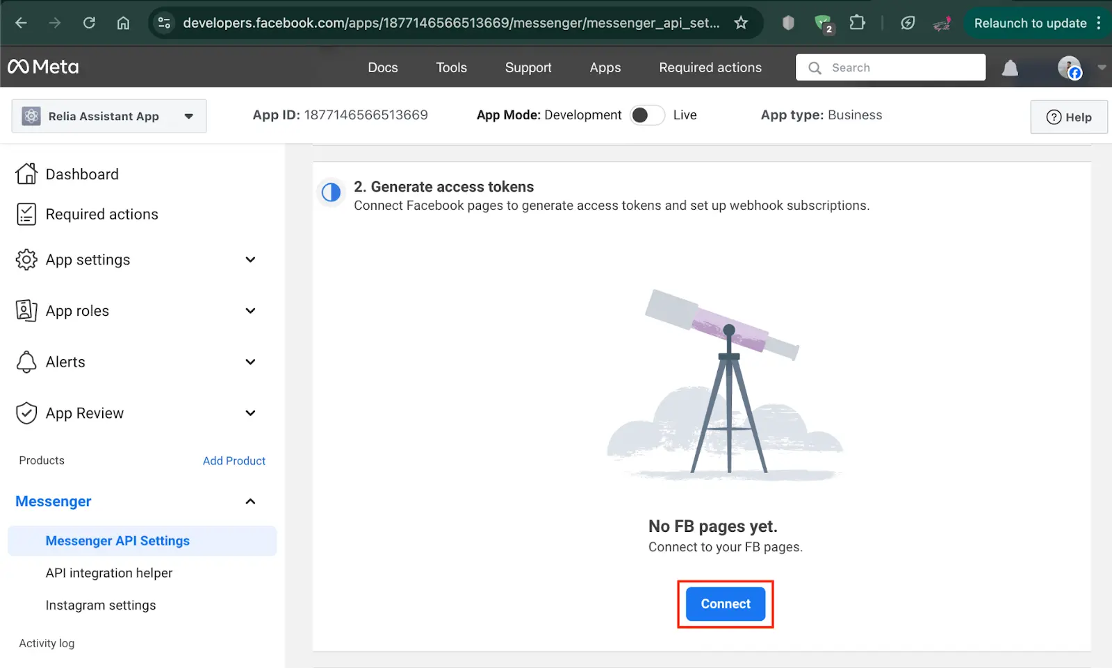 Connect to Facebook page to generate tokens