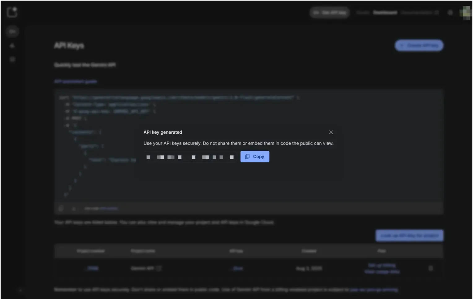 Click the copy icon next to API key to save it to your clipboard.
