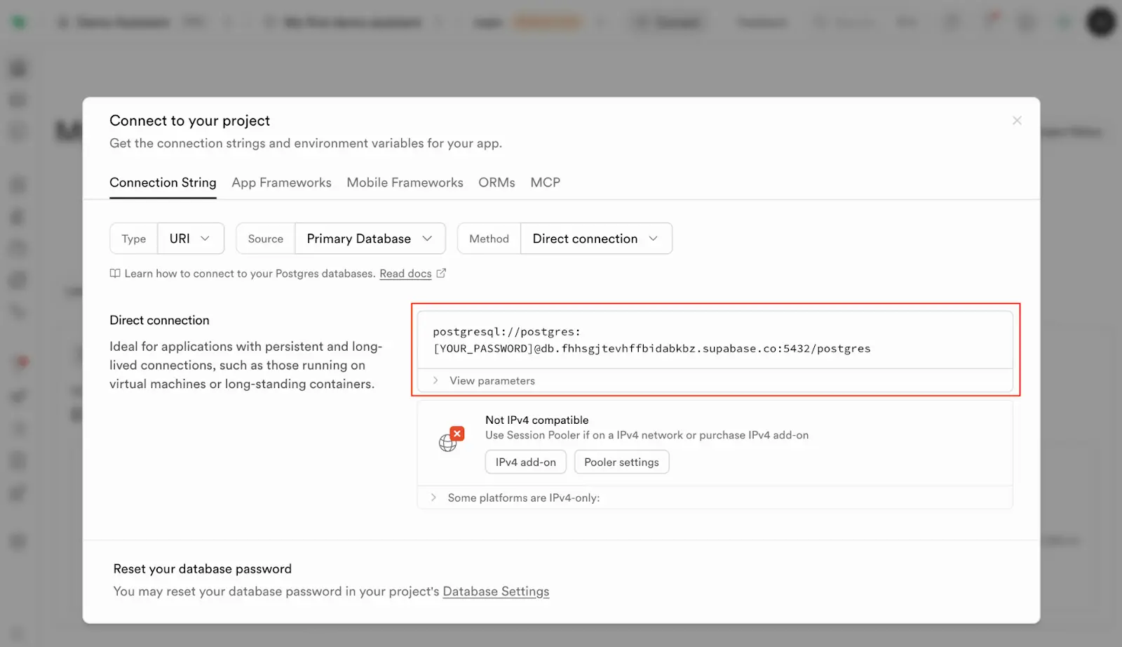 Copy the Direct Connection string.