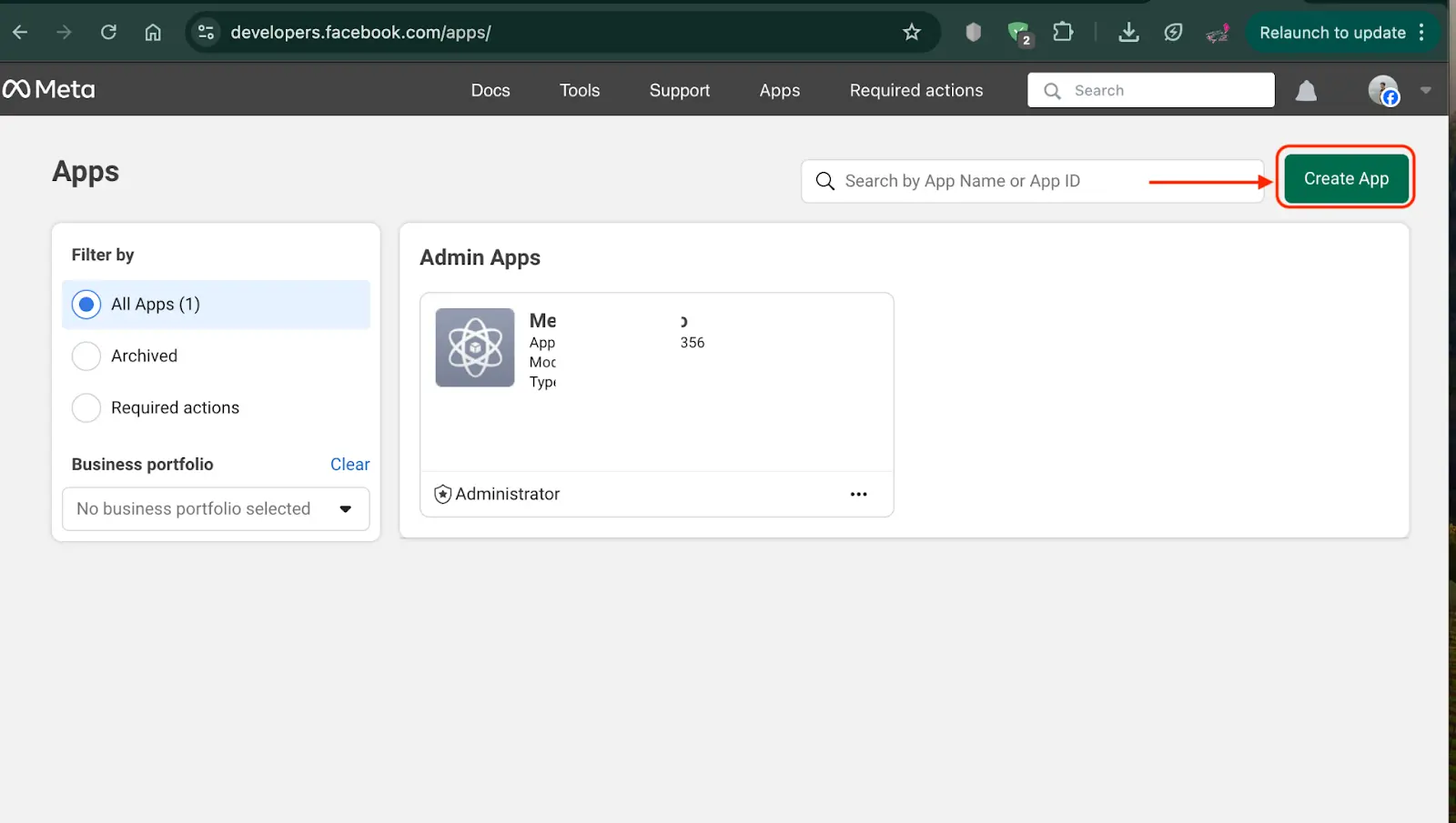 Create a new app on Facebook developer account