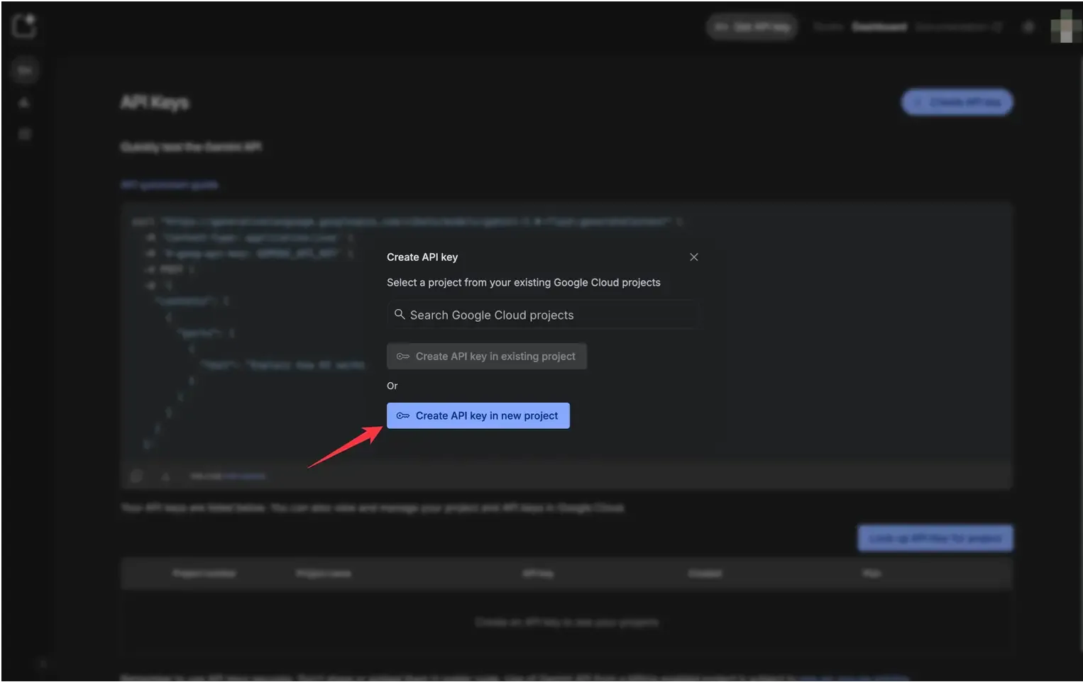 Create API key in new project