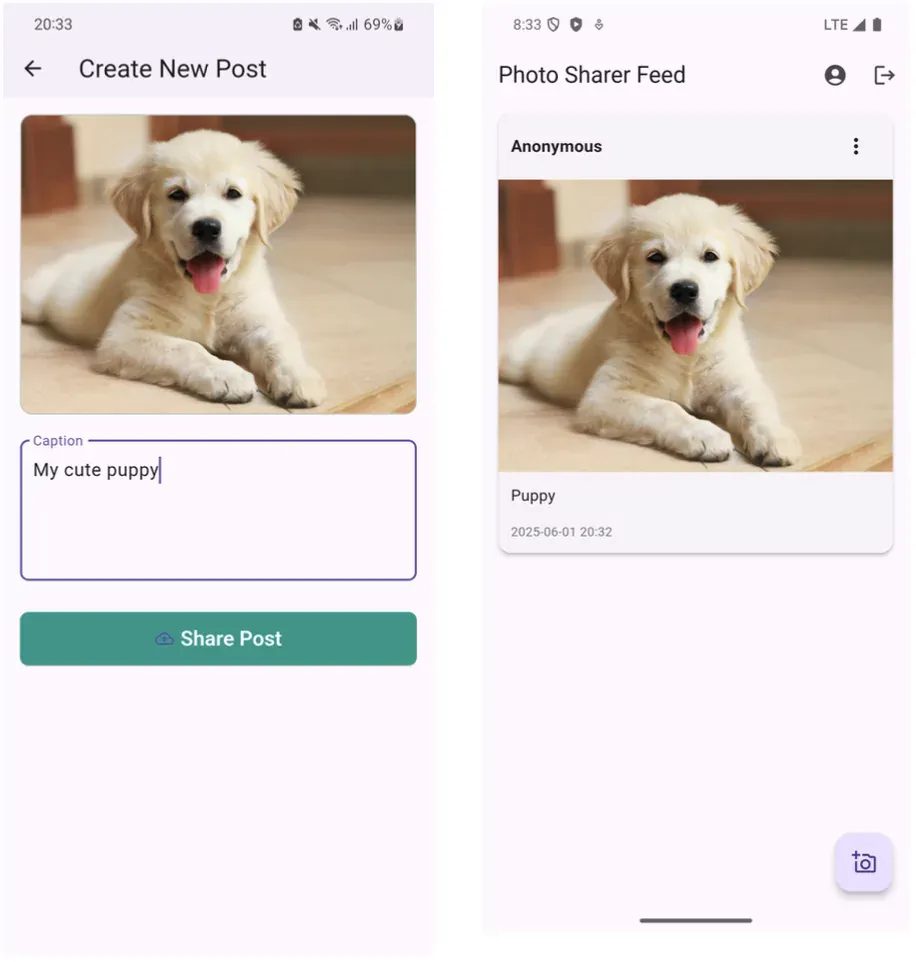 The uploaded image in the Photo Sharer Feed screen using a Flutter app.