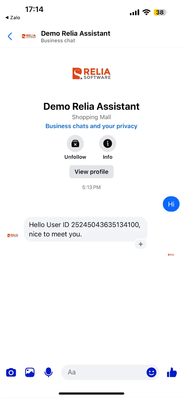 AI chatbot interacts with the user message with our defined response text