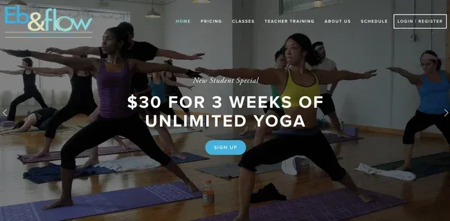 Eb & flow Yoga Studio follows the website design best practice of using whitespace to lead users to click on a CTA