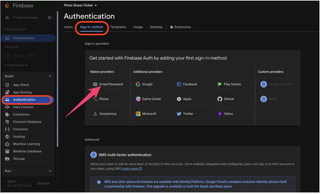 Enable Authentication Methods in the Firebase Console