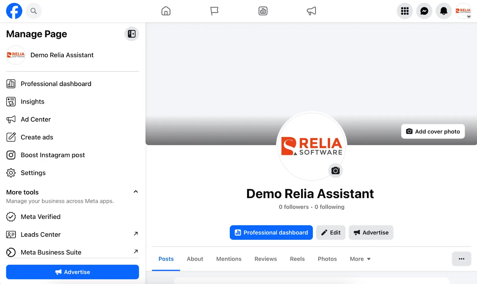 Facebook page named Demo Relia Assistant