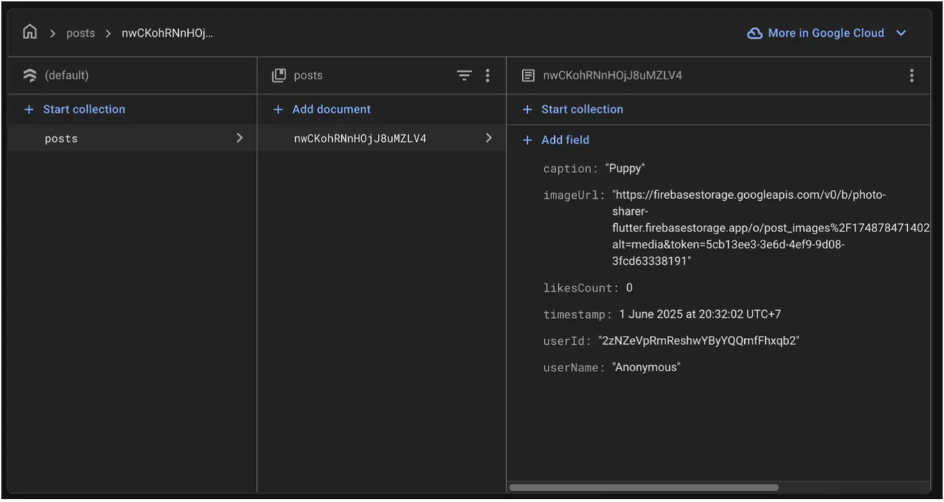 Cloud Firestore interface showing the structure of a post document.