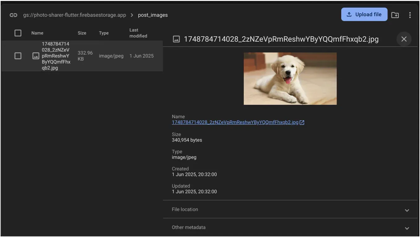 Firebase Storage interface displaying the uploaded image file of a puppy along with metadata.