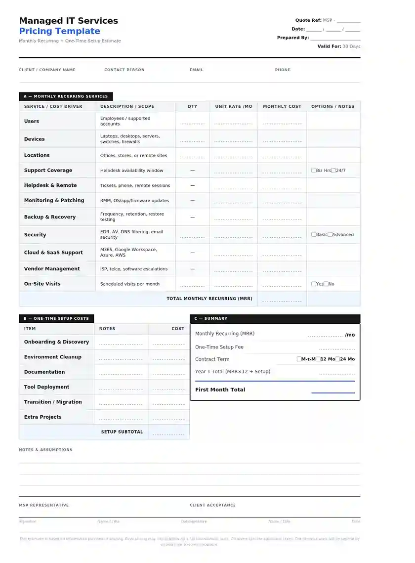 managed it service pricing template