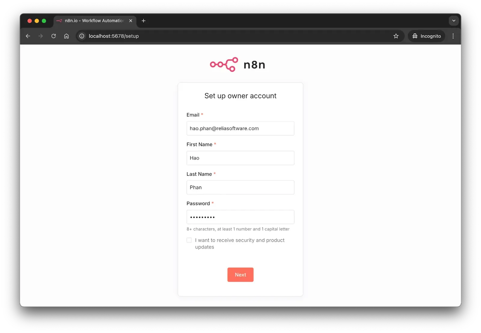 N8N authentication page