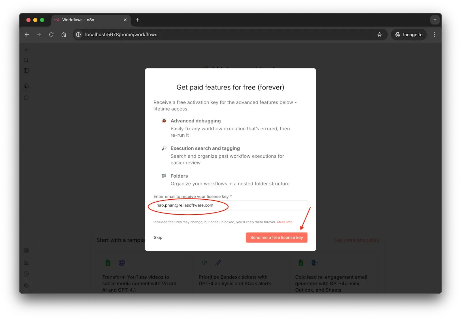 provide the email address to get the free license key