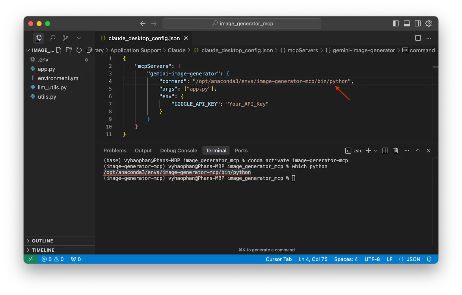 eplace the current command in your Claude configuration JSON file