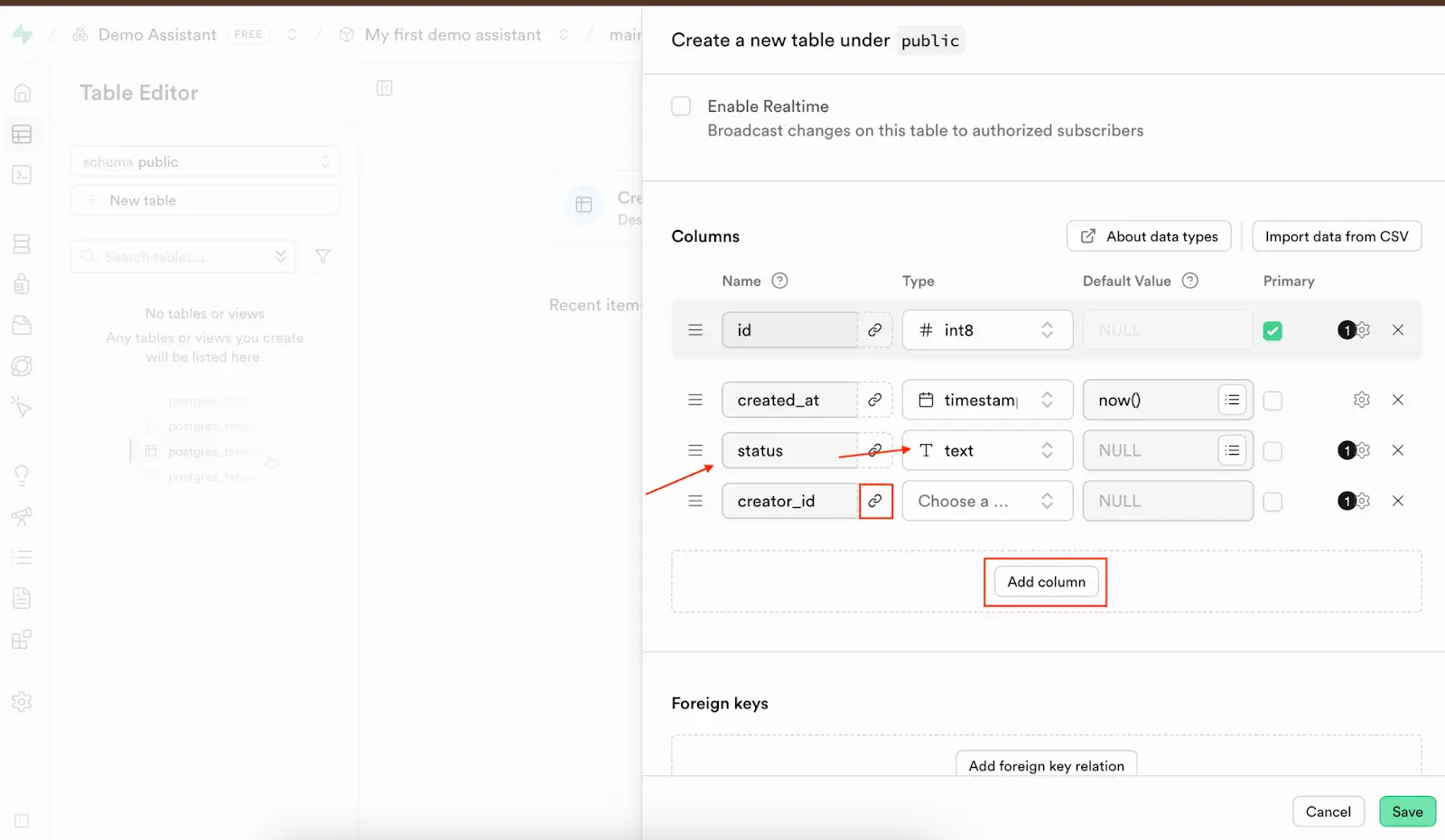 Specifying the column name and type