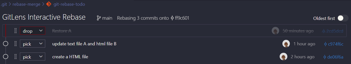 the action “drop” can remove commits