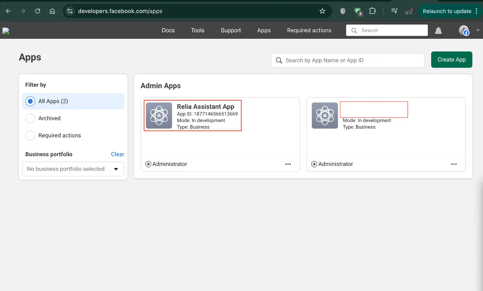 the Facebook app that we have created before