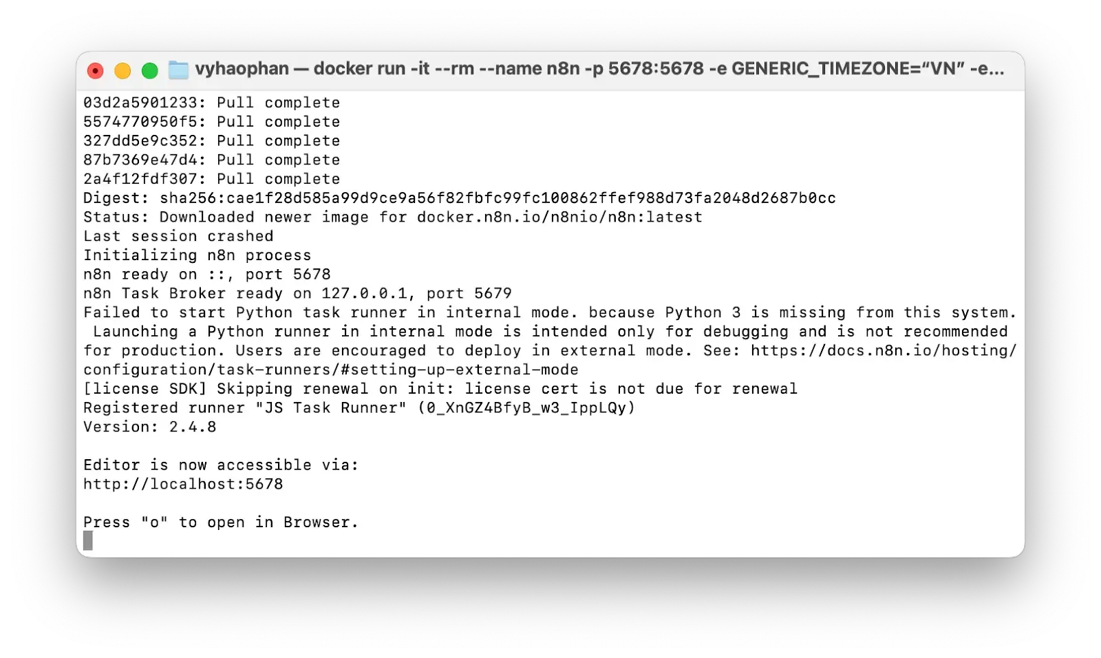 The status of N8N setup completion The status of N8N setup completion