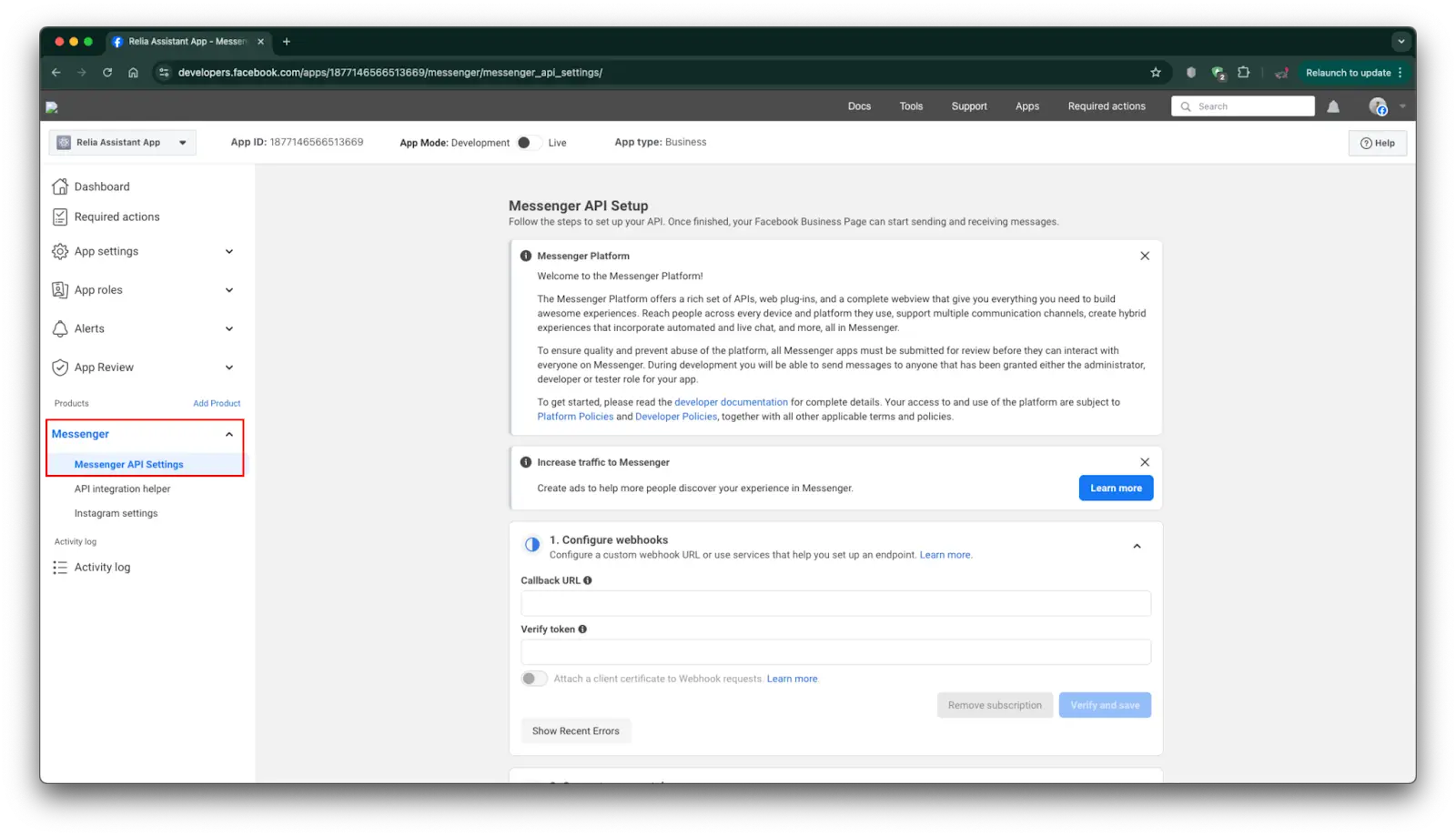 the tab Messenger API Settings