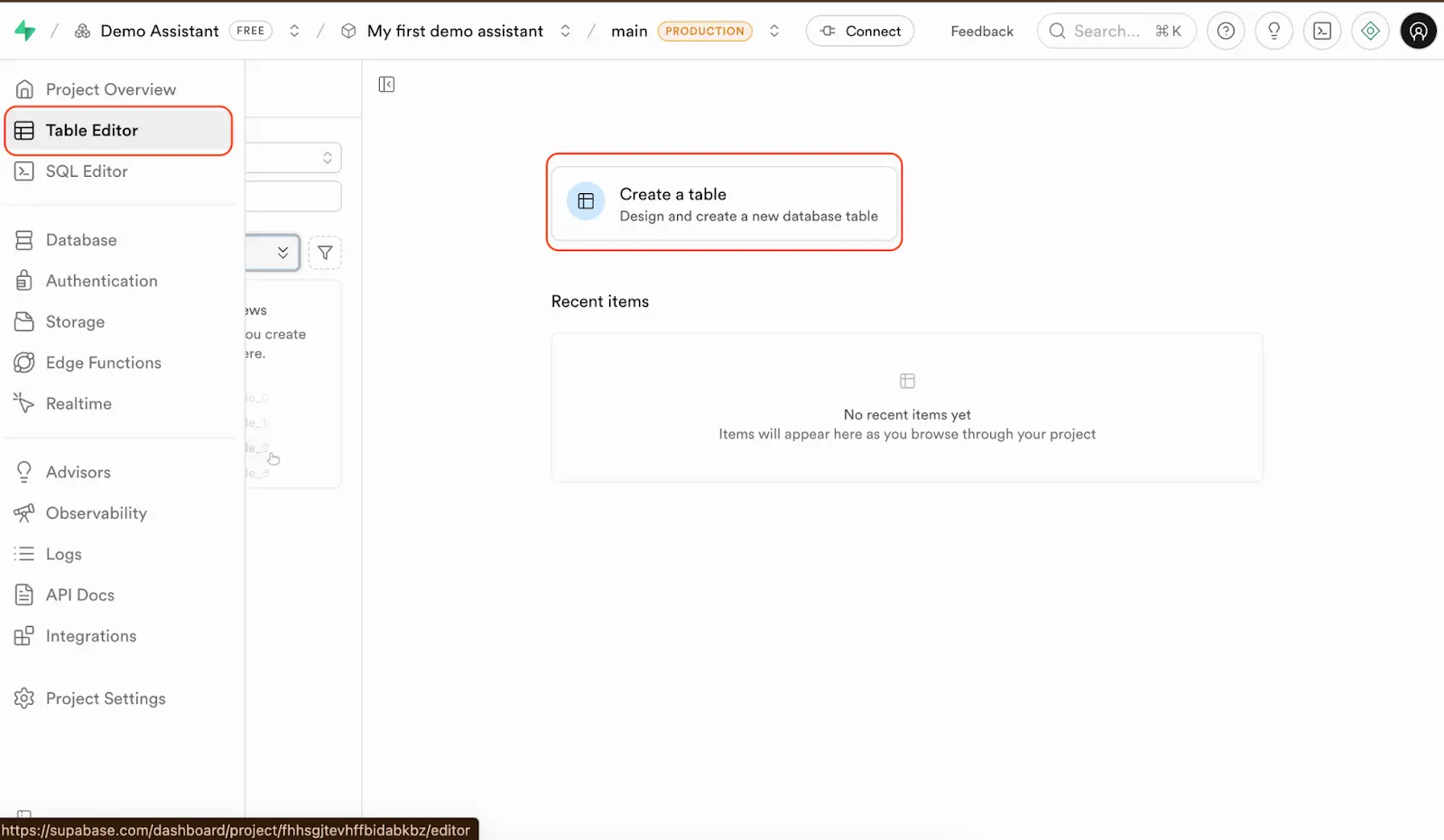 Create tables using the Table Editor.